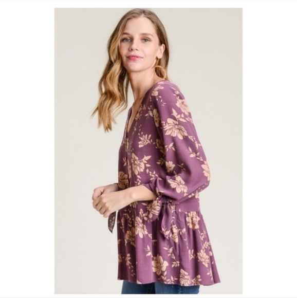 💚HP💚Bohemian V-Neck Floral Plum Tie-Sleeve Peplum Top - Picture 3 of 6